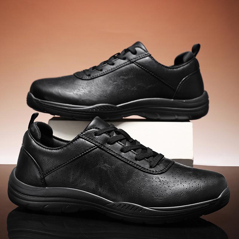 Men's Black Leather Casual Sneakers, Lightweight Walking Shoes