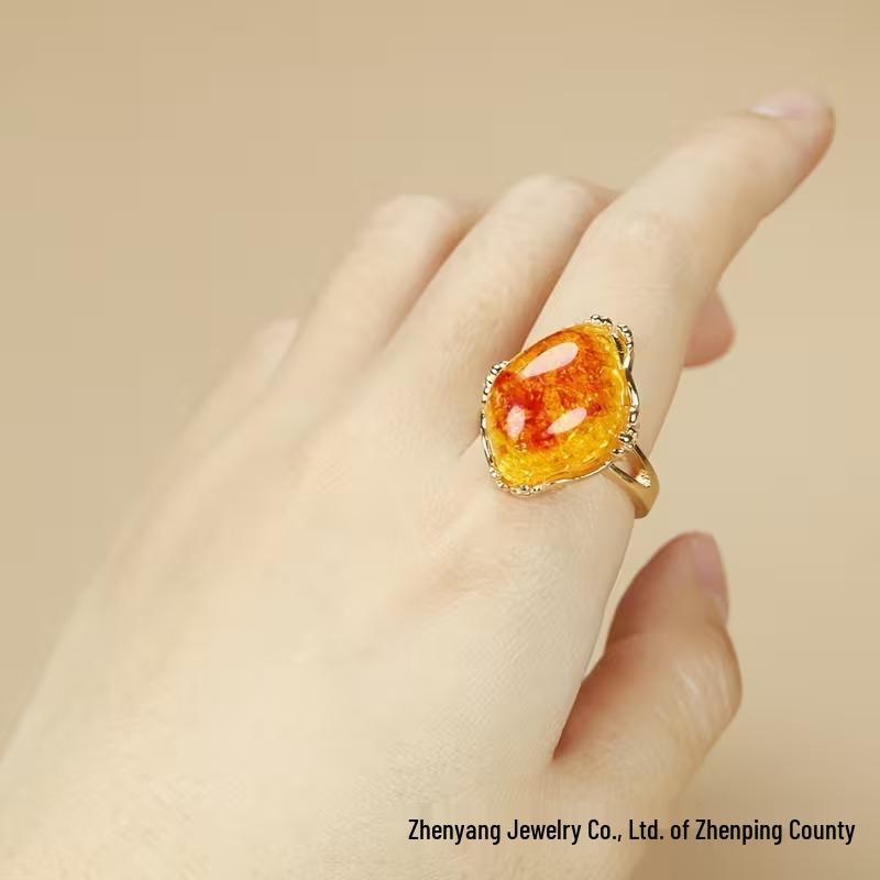 Унисекс регулируемое янтарное кольцо медово-желтого цвета с акцентами из розового золота