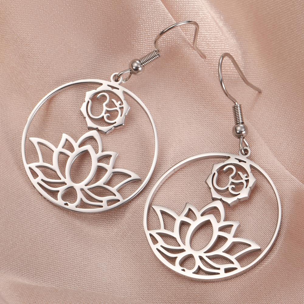 Dawapara Yoga Lotus OM Symbol Dangle Earrings for Women Girls Aum Ohm Spiritual Amulet Chakra Pendant Stainless Steel Jewelry