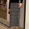 Houndstooth Slim-Fit Women's Autumn Winter Knitted Midi Skirt Wool Versatile High Waist Bodycon Half Skirt