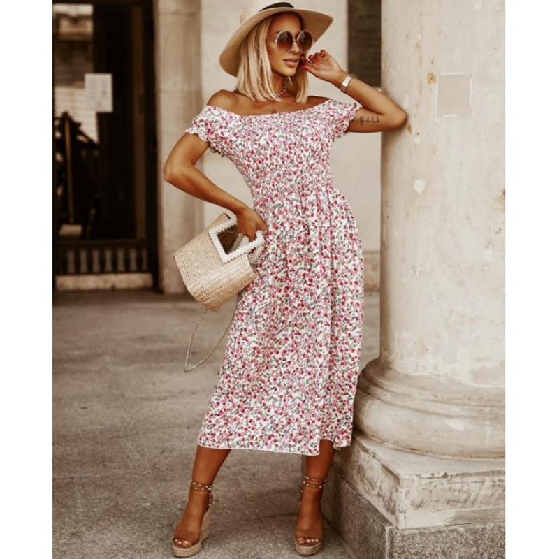 Fashion Floral Short Sleeve Off Shoulder Printed Women Dress Elegant Loose Casual Simple A-line Sweet Dresses Party Slim Waist Women's Clothing