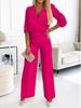 2025 Women's Solid Color V-neck Two-Button 2-Piece Pants Set