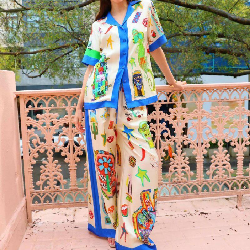 

2024 New Arrival Fashion Graffiti Printing Satin Short Sleeve Lapel Shirt + Pants Casual Two-Piece Suit Two-piece suit 2XL