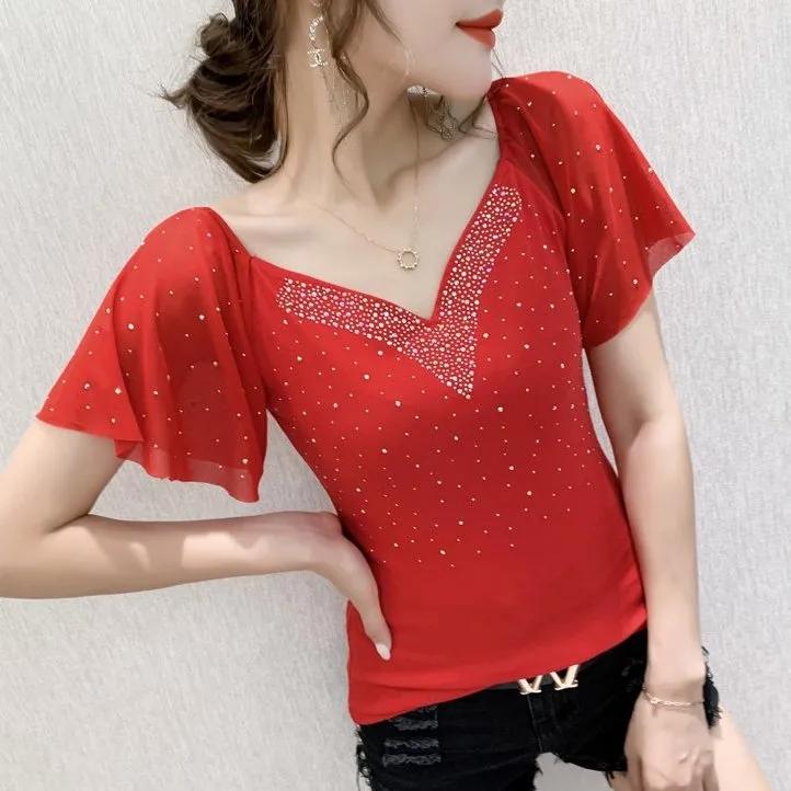 Women Summer Korean Clothes T-Shirt V-Neck Diamonds Ruffled Sleeve Tops