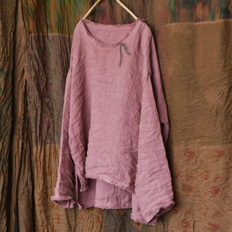 Johnature Vintage Damen T-Shirts Einfarbig Herbst T-Shirts O-Ausschnitt Langarm Stickerei Unregelmäßig Damen T-Shirts