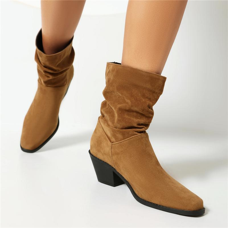 Dámské kotníkové boty hranatá špička silný vysoký podpatek plisované krátké boty stručné dámské módní boty zimní černé khaki hnědé 43