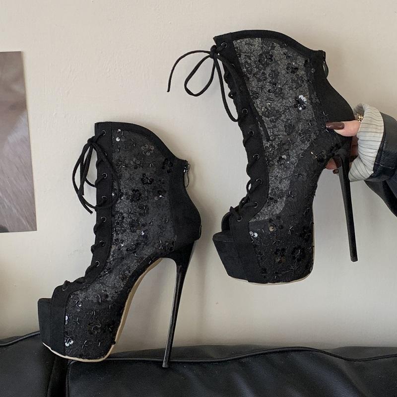 

Eilyken Autumn Design Breathable Mesh Peep Toe Women Ankle Boots Sandals Fashion Zipper Platform Thin Heels Stripper Shoes 42 чёрный