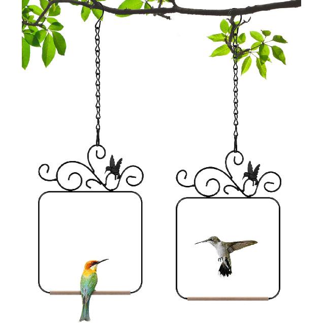 PACETAP Hummingbird Swings and Perches Metal Frame 2 Pack, Wild Bird Swing Outdoor Bird Perch with Wooden Dowel and 2 Hanging Chain for Hanging 2 Pack Hummingbird