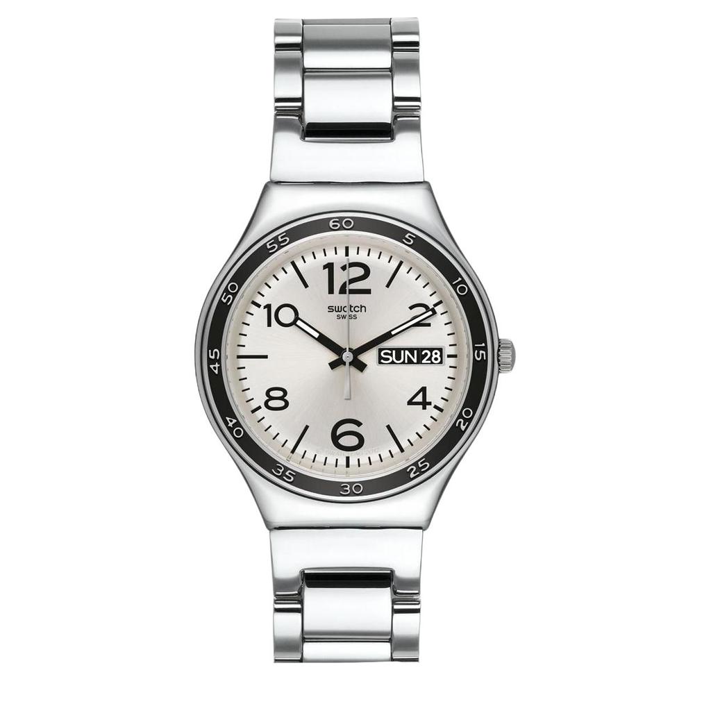 Swatch Movimento al Quarzo Resistenza all'Acqua 30m Orologi da Uomo Orologio 43mm Quadrante Argento Cinturino in Acciaio Inossidabile YGS766G