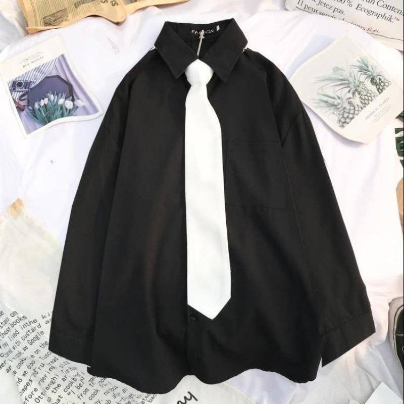 Damen Langarmshirt Umlegekragen Locker JK Uniform Studentenbluse Vintage Oversize Top Geschenk Krawatte