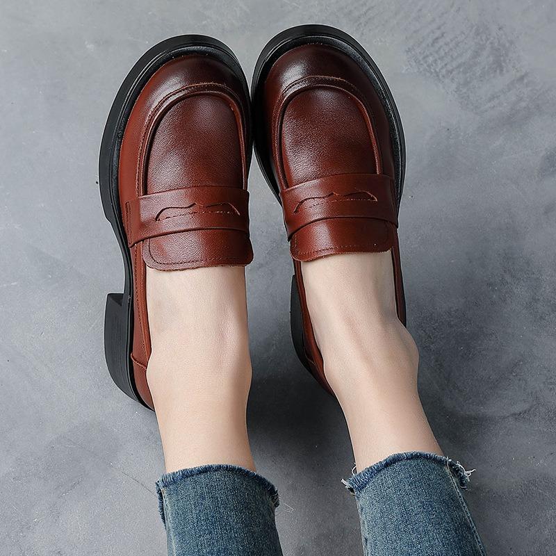 First Layer Cowhide High Heels Women's Retro Leather Shoes Muffin Heel Small Leather Shoes Genuine Leather Women's Shoes