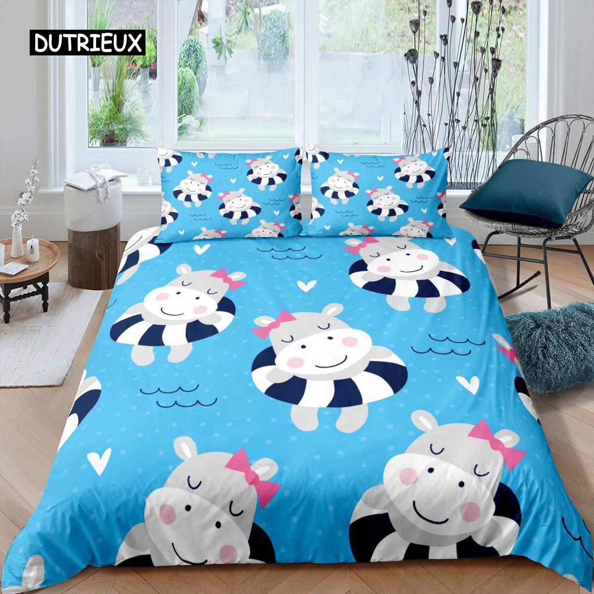 

Комплект пододеяльников с изображением бегемота размера King Size, мультяшный бегемот, держащий розовый цветок, комплект одеяла для детей, полиэстеровое одеяло с изображением диких животных EU single(135x200cm)