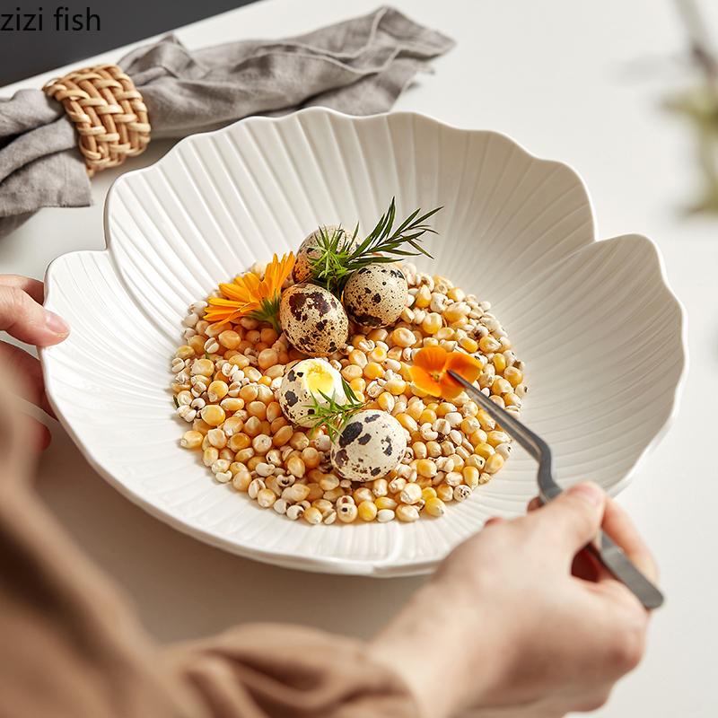 Ceramic Salad Plate Flower Shape Solid Color Tableware Soup Basins Soup Bowl Hotel Restaurant Snack Dessert Tray Vegetable Plate