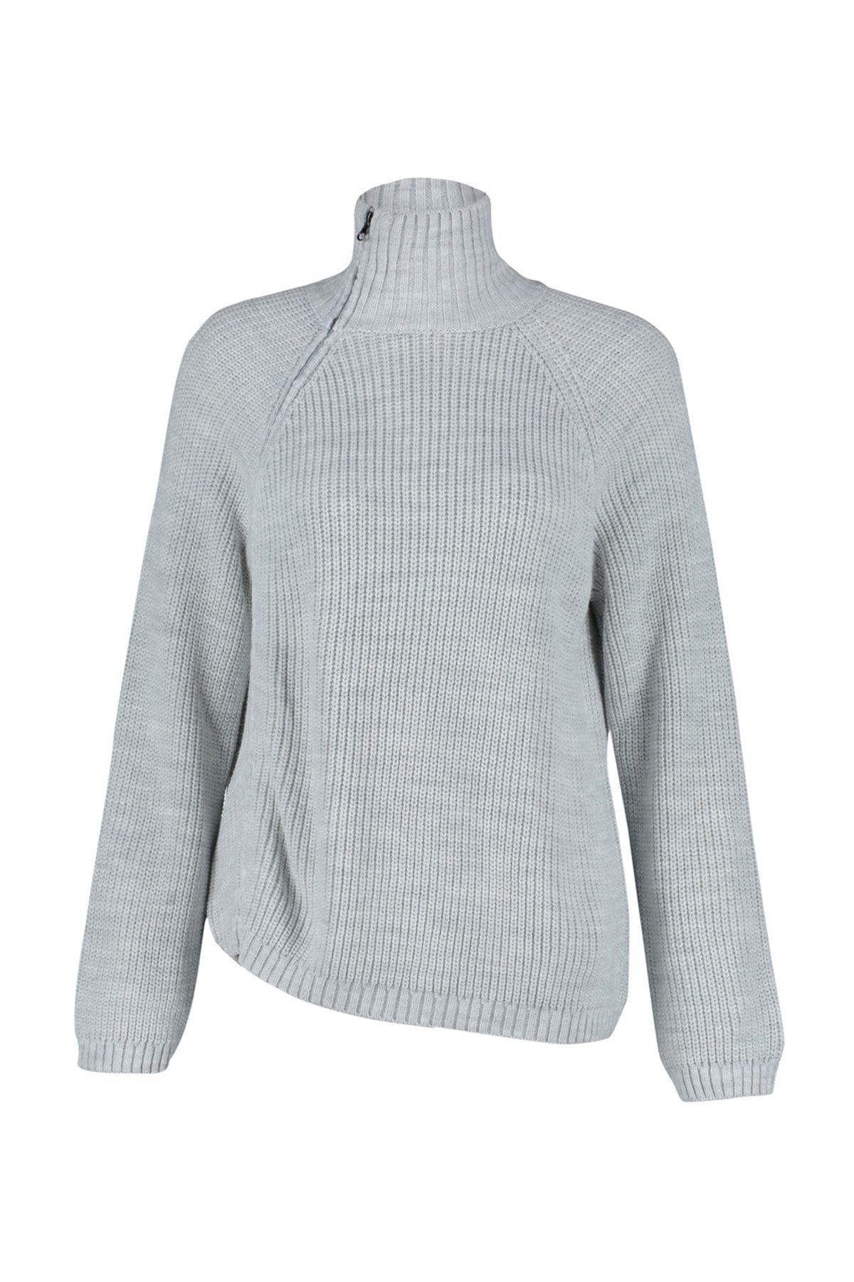 

Women s Elegance Style Sweater Stone Zipper Detailed Knitwear Sweater L