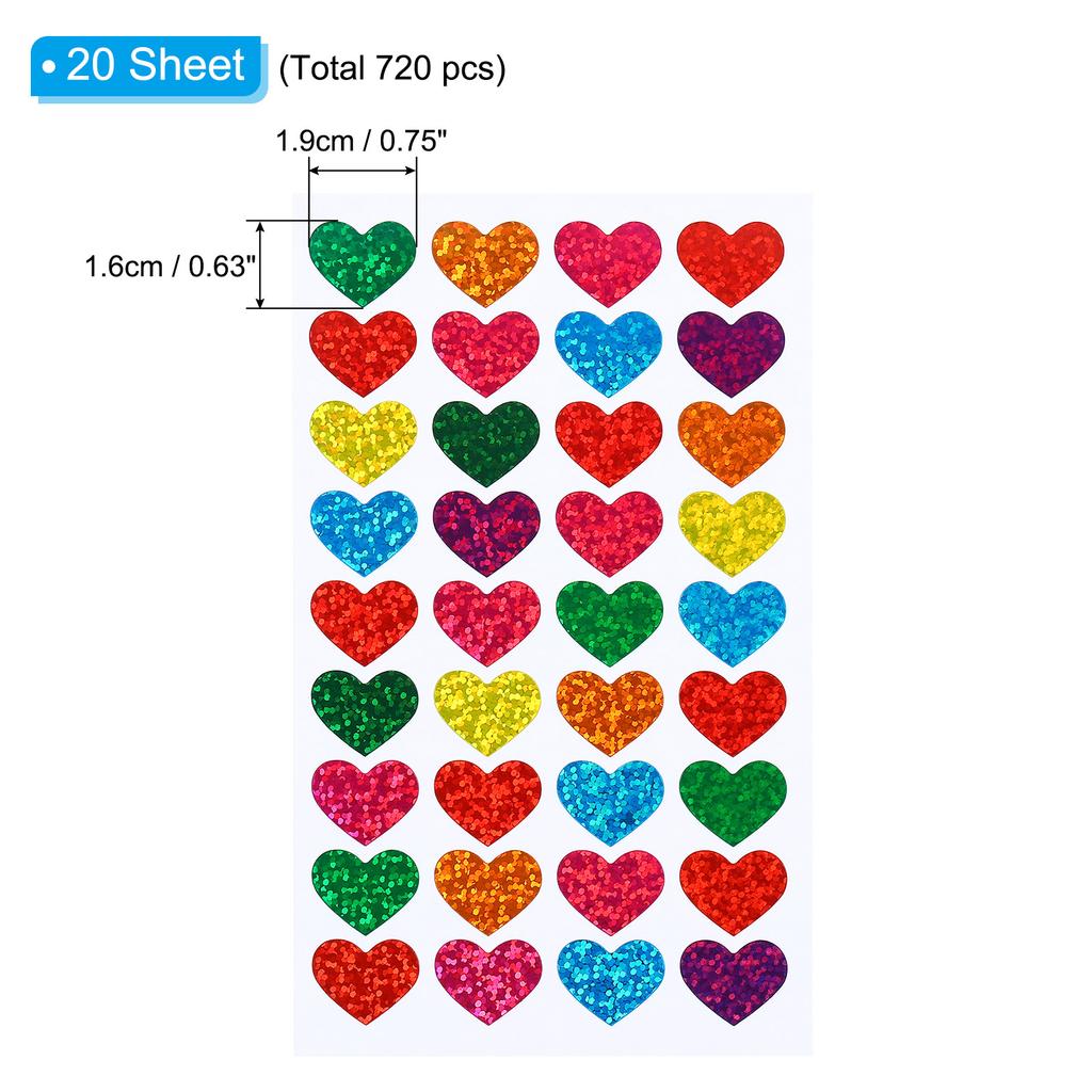 20/60Sheets Heart Reward Stickers Sparkling Self Adhesive Colorful Sticker Heart Love Sticker Labels for Office Classroom Party