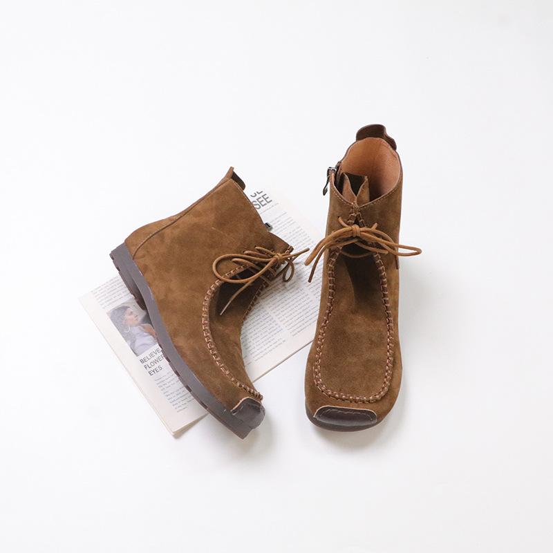 

Johnature Ретро Замшевые Короткие Ботинки на Шнуровке Универсальные Квадратный Носок Мягкая Подошва Удобные Женские Ботильоны 35 хаки