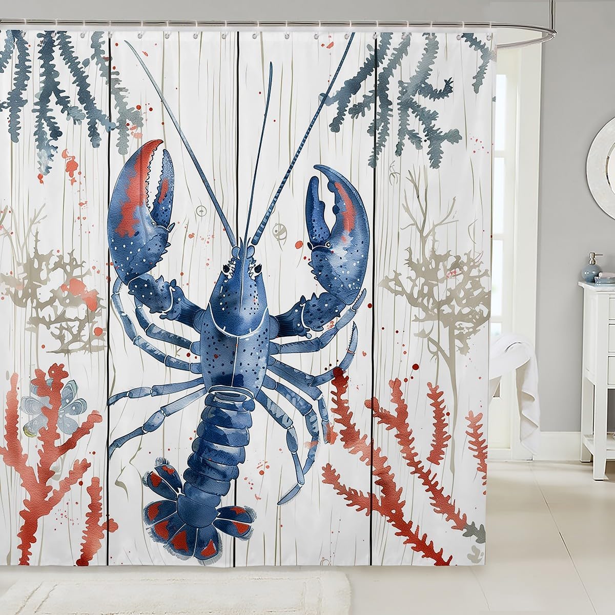 Синий Лобстер Морская Жизнь Шторка для Душа 160x180см Морская Тема Декор для Ванной Комнаты Принт Морских Животных Водонепроницаемая Шторка 90x180cm35x71in