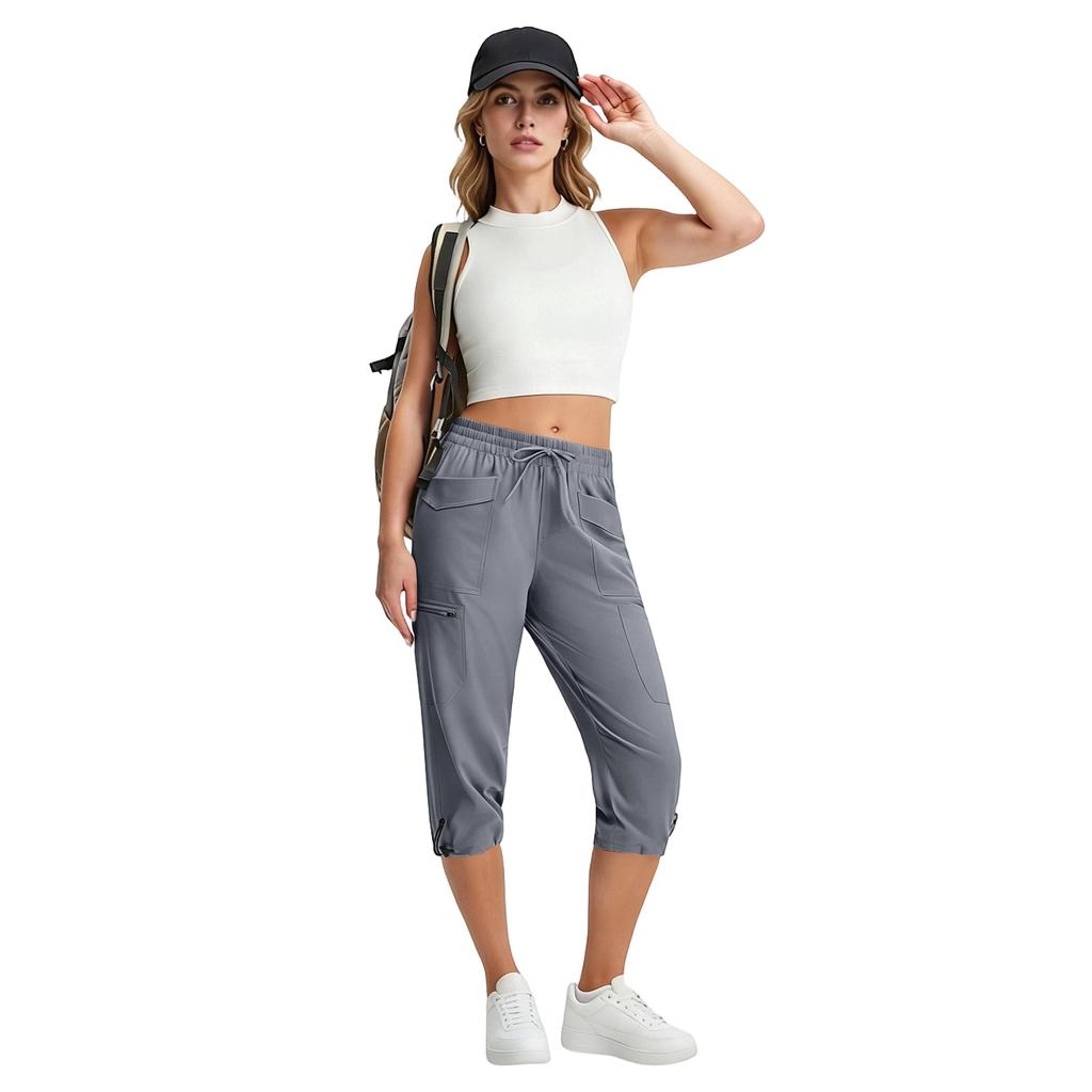 Damen Elastische Hohe Taille 3/4 Hose Lässige Passform Weite Capri-Hosen mit Taschen