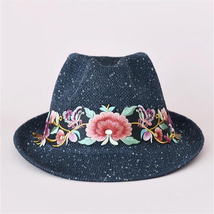 

Ins Chic Summer Sequin Breathable Knit Ethnic Styly Embroidery Flower Lady Fedoras Cap Women Leisure Panamjazz Hat