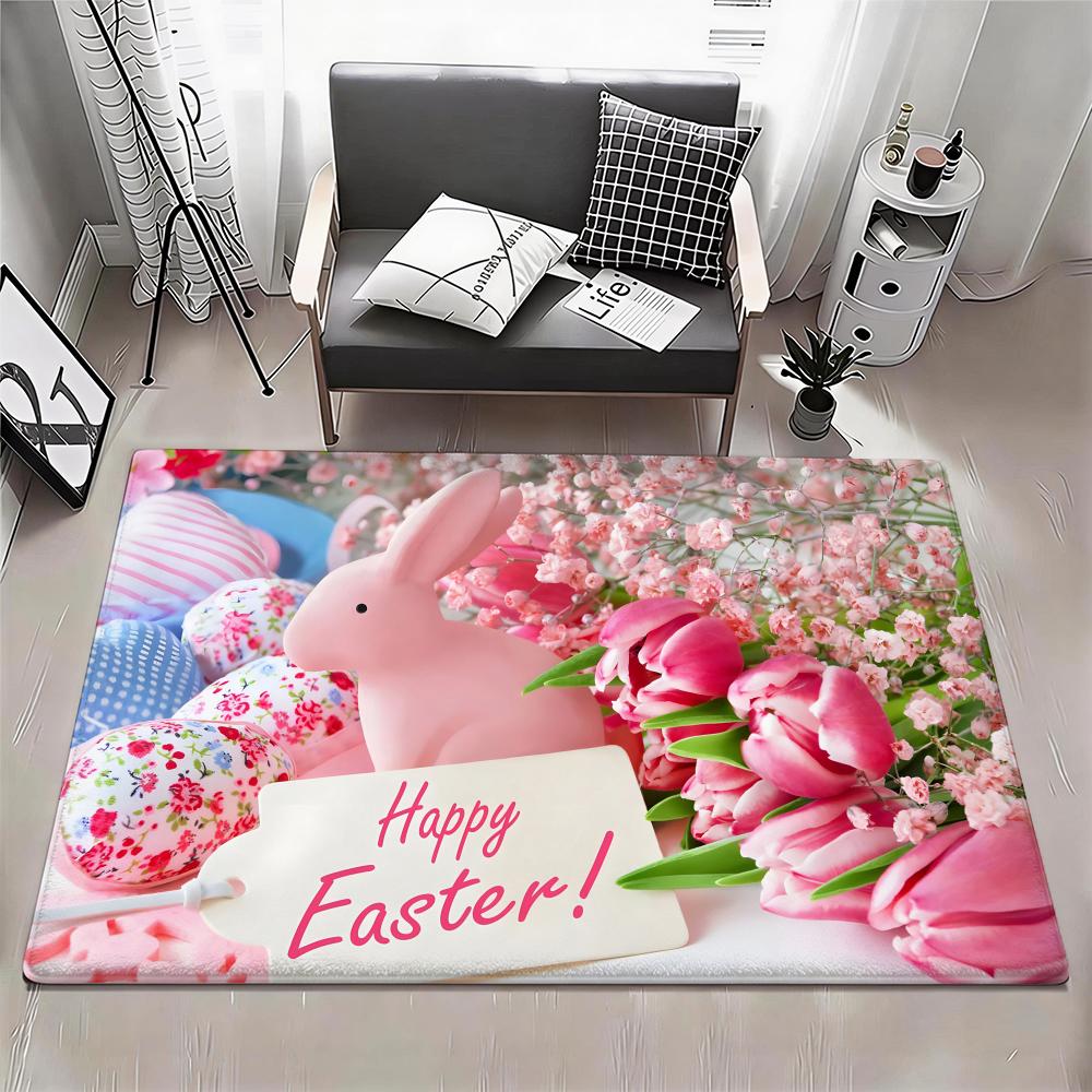Easter Bunny Cute Eggs Floor Mat Eco Flannel Doormat Non Slip Odorless Indoor Floor Rug Soft Short Plush Home Mat