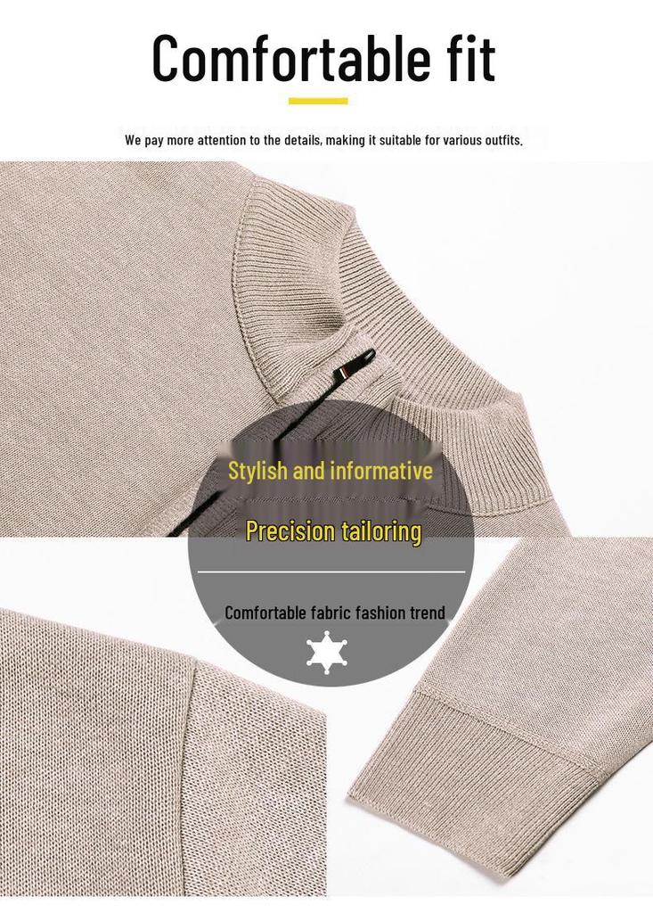 Men’s Fleece-Lined Half-Zip Pullover Sweater – Trendy Long-Sleeve Knitwear with Half-High Collar for Autumn/Winter.