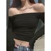 Off-the-Shoulder Ruched Long Sleeves T-shirt Elegant Summer Ins Mesh