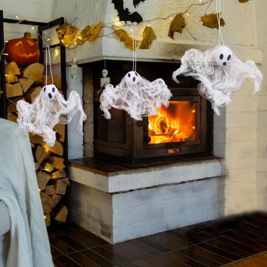 Malá závěsná dekorace duch Halloween Bílý duch z látky s okénky Stromové ozdoby pro venkovní dvůr trávník dekorace strašidelného domu