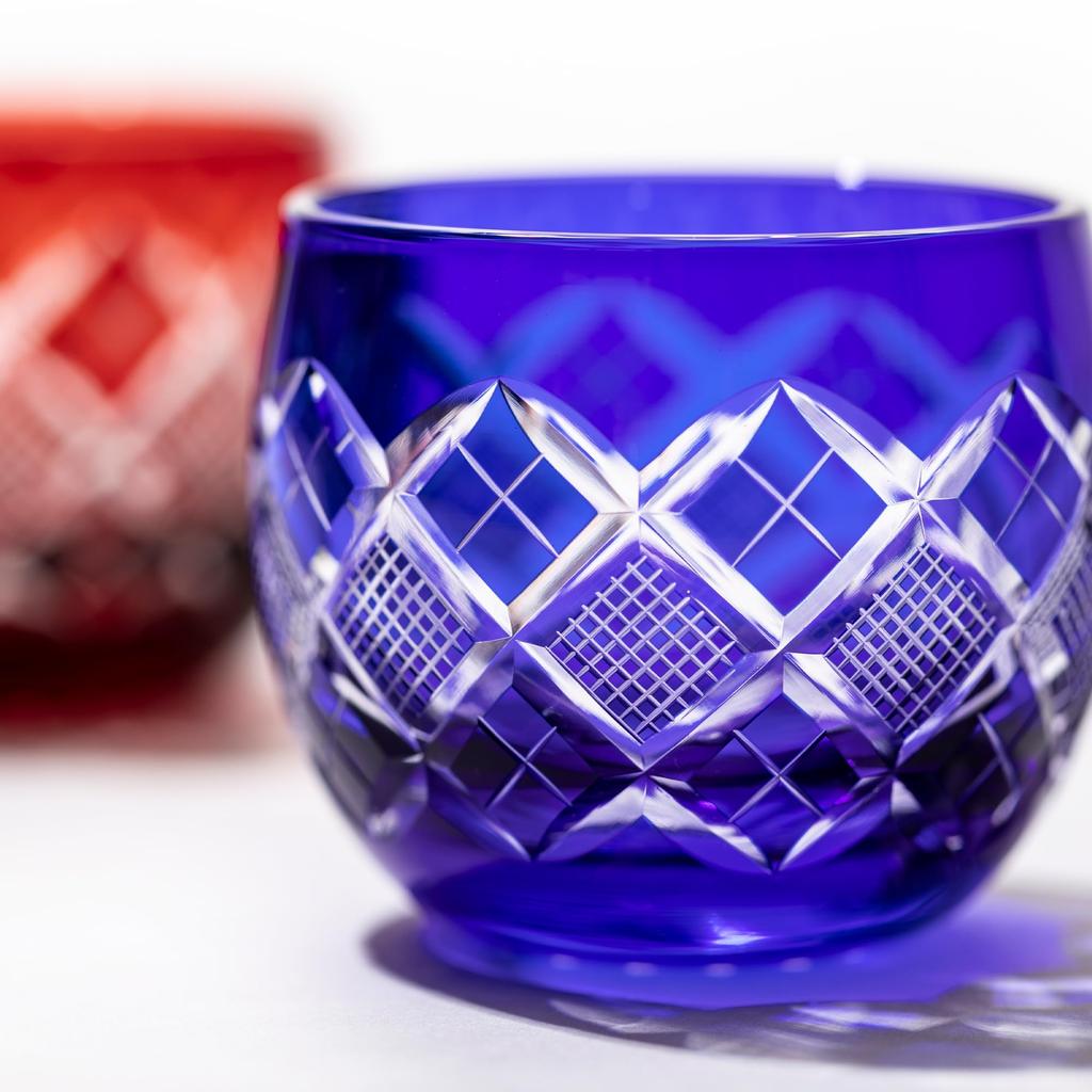 Official Direct Sales from Taiburo Edo Kiriko Crest Sake Cup Wooden Made In Japan Workshop Yarai-Nanko (Blue) TB90232B, Box,