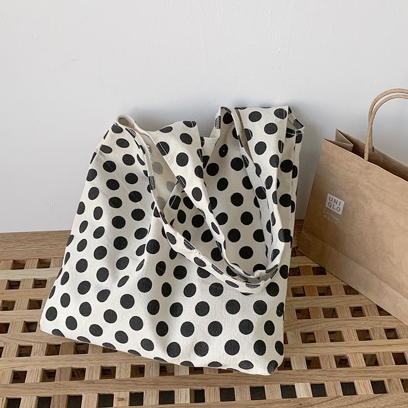 2025 Nordic Polka Dot Canvas Tote Bag - Japanese & Korean Style for College Students