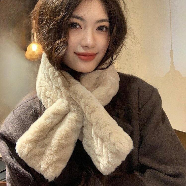 Korean Style Soft Faux Rex Rabbit Fur Scarf for Women - Versatile Cross Short Design In Solid Colors for Autumn and Winter.