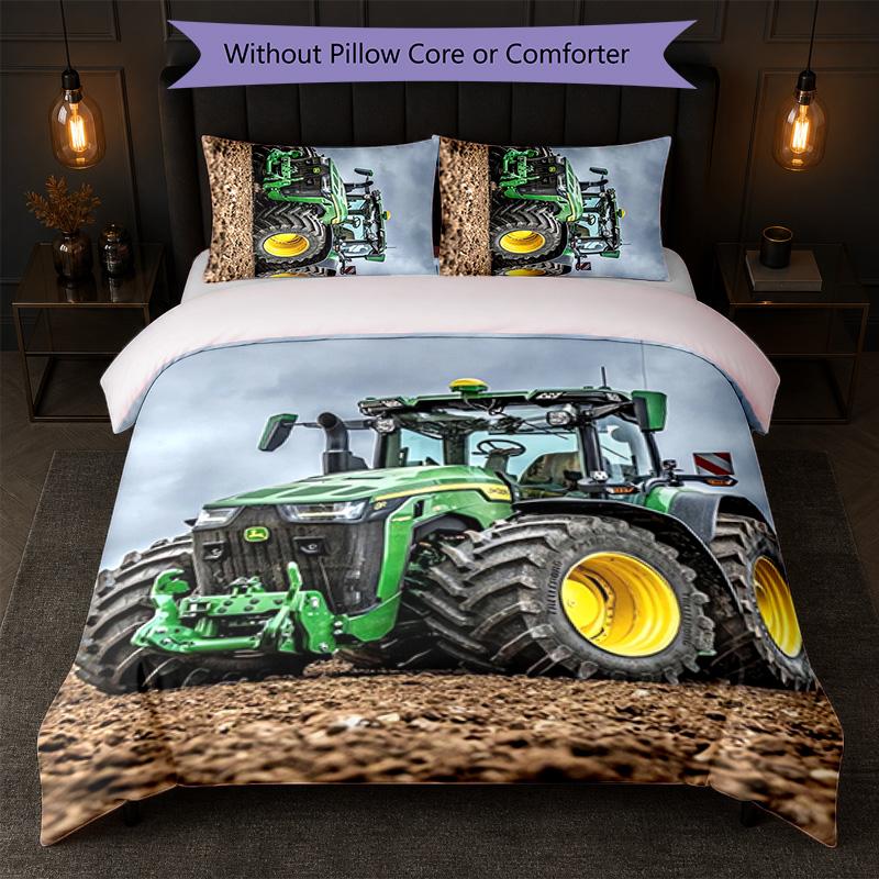 John Deere Aufdruck 3-teiliges Bettwäsche-Set 1 Bettbezug und 2 Kissenbezüge Weiche Bettwäsche für Haushalt Schlafzimmer