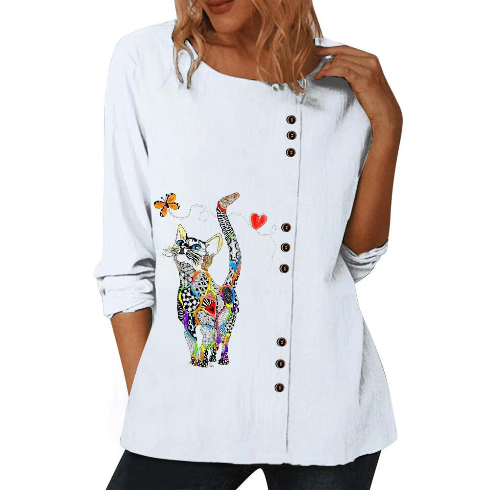 Elegant White Cotton Top with Multiple Printed Designs for Ladies, Round Neck, and Long Sleeves