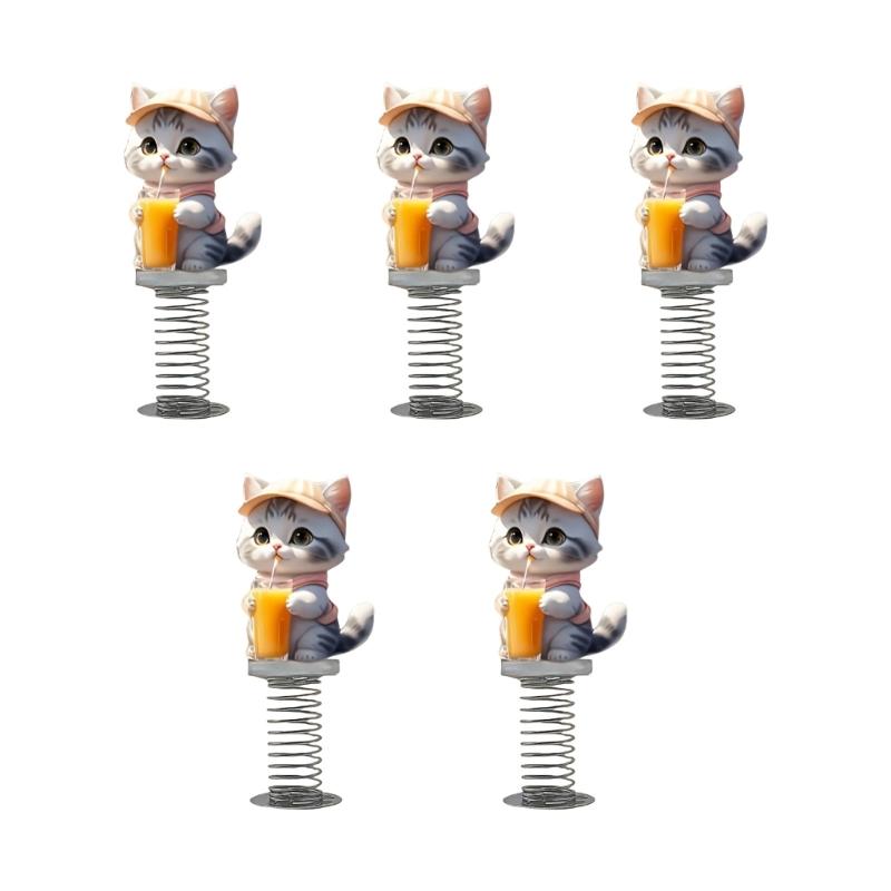 

5Pcs 2D Flat Acrylic Moving Cats Drinking Juices Figurine Decors With Metal Spring Design For Car Dashboard Decoration 1
