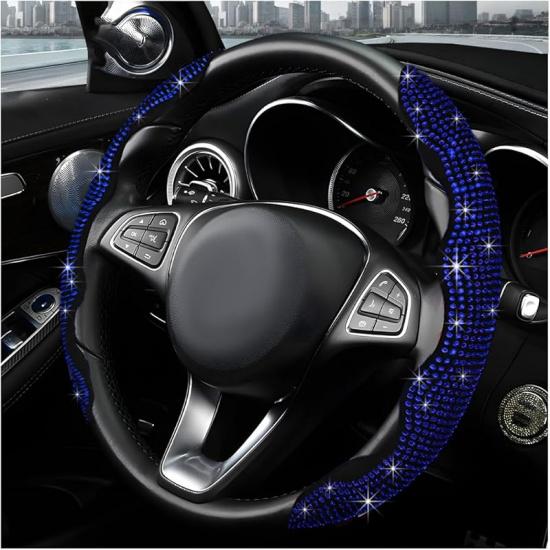 2PCS Steering Wheel Cover, Sparkling Rhinestone Segmented Steering Wheel Protector Fit 14-15.6 Inch, Non-Slip Wheel Wrap Cover Bling Car Interior