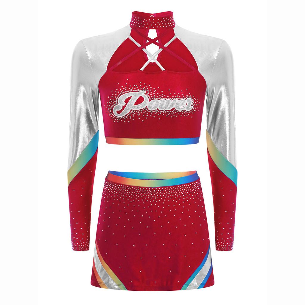 Dámská roztleskávačská uniforma Dvoudílný set Crop top s dlouhým rukávem a kříženými ramínky Taneční sukně Kamínkový výkonnostní outfit