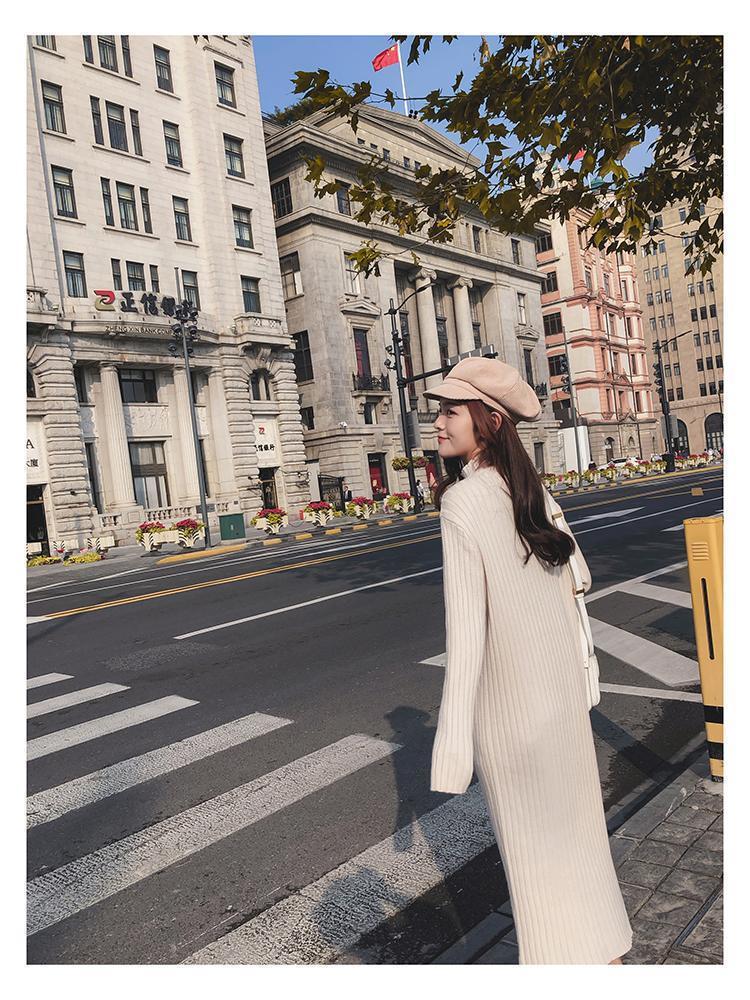 2024 Mittellanges Lockeres Strickkleid: Herbst/Winter Koreanischer Stil Überknie Gestricktes Damenkleid