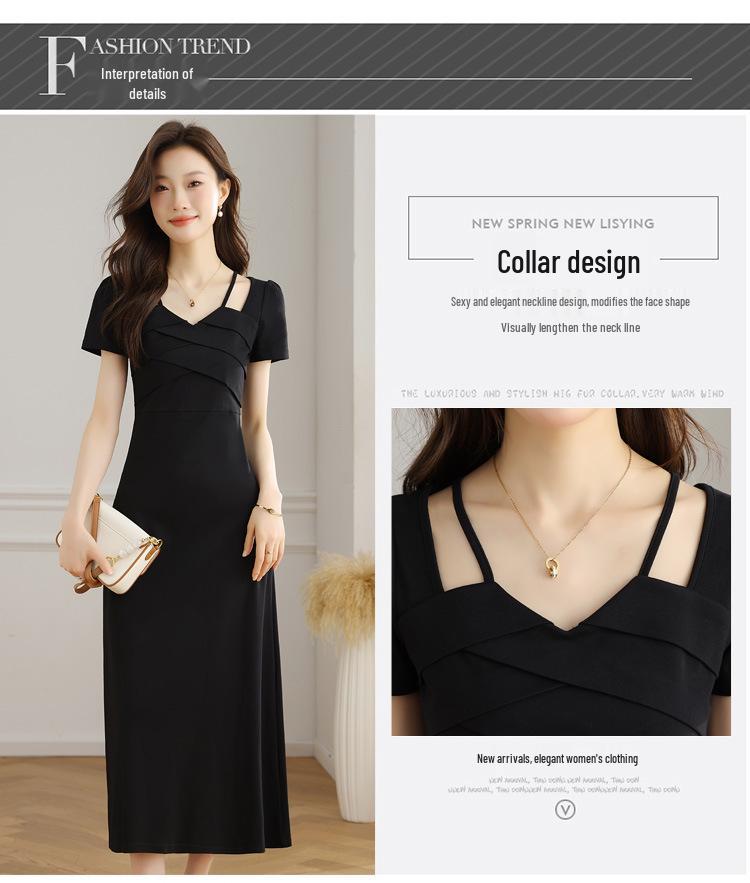 Elegant Black French Halter Neck A-line Dress – Women's Summer Waist-Cinching Long Short-Sleeved Dress