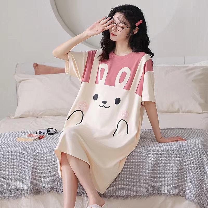 Summer Women Dress Large Short-Sleeved Cartoon Nightdress with Cute Bear Graphic Vestidos