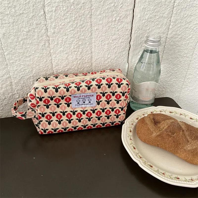Corduroy Makeup Bags for Women Floral Print Cosmetic Bag Pencil Case Travel Toiletry Bag Storage Bag Organizer Beauty Case