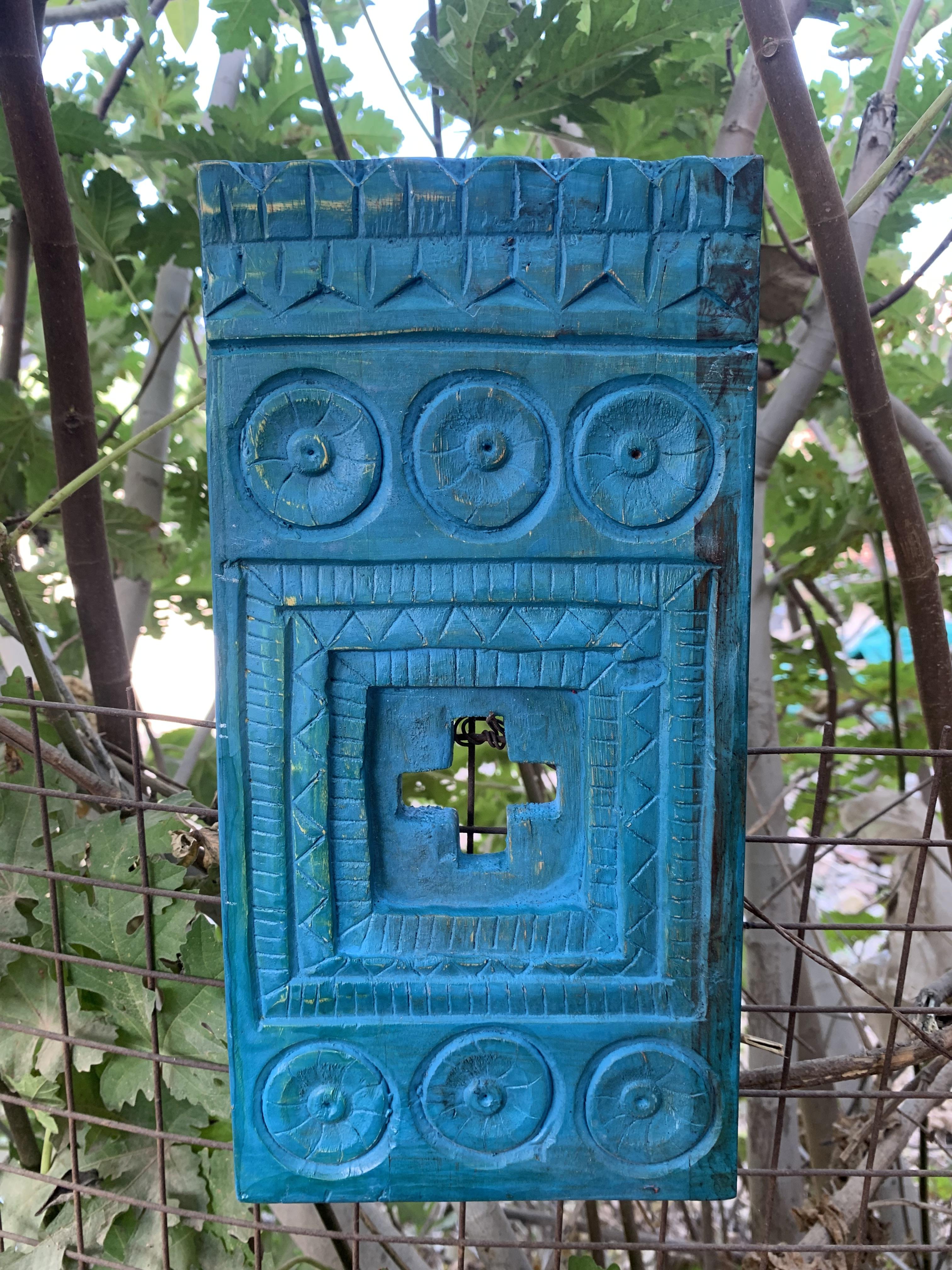 Solid Wood Blue Jharokha Wall Frame | Indian Architectural Decor | Rustic Handmade Wall Art 12  x 6  x 1   (h x l x w) approx.