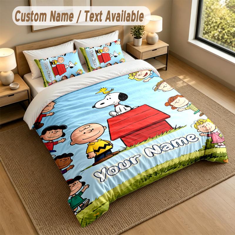 3Pcs Bedding Set Custom Name Text, 1 Sheet 2 Pillowcases Home Bed DecorSnoopy Peanuts