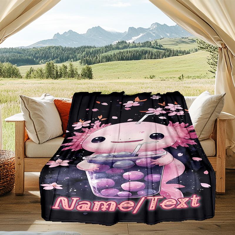 1PC Custom Name Axolotl Cherry Blossom Drink Outdooor Flannel Blankets Throw Blanket All-Season Throw Gift Bedspread for Couch, Bed, Camping Holiday B