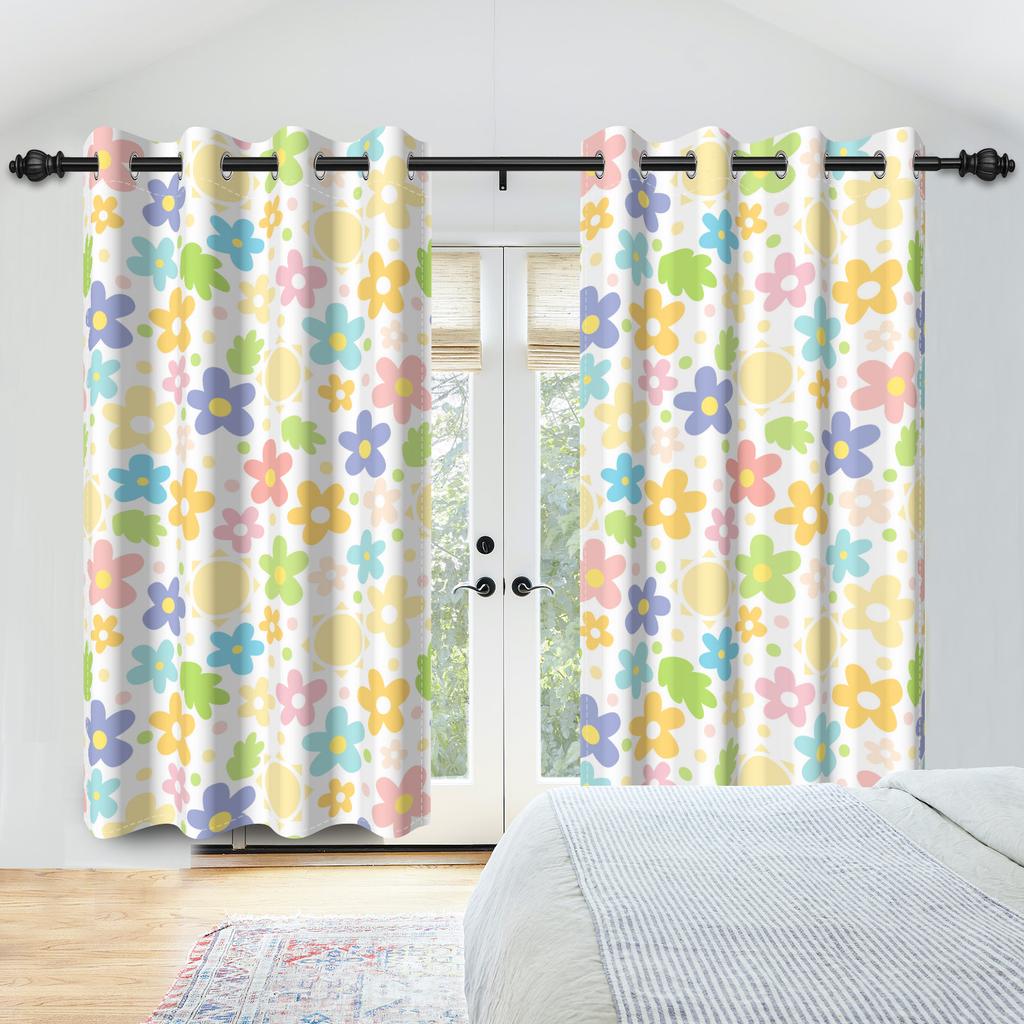 2Pcs Sun Colorful Flowers Window Curtain for Children's Bedroom Blackout and Heat Insulation Grommet Drapes Home Decoration