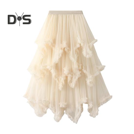 Dámská dortová sukně s polovičním pasem, elastickým pasem, nepravidelným lemem, midi sukně, jednobarevná, síťovaná, kolová, dlouhá sukně, pro každodenní nošení