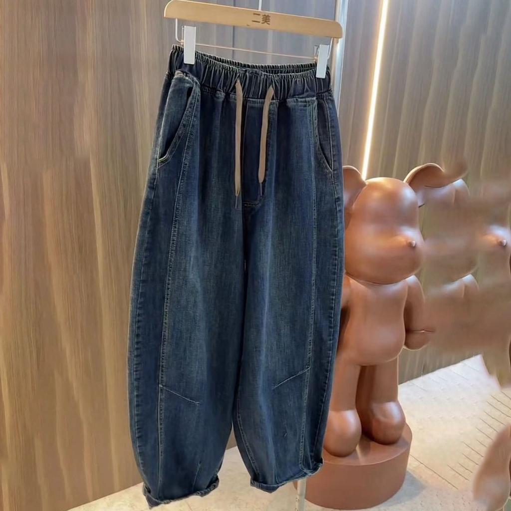 Women's Loose Plus Size Denim Harem Pants Carrot Cut Slim Fit Elastic Waist Casual Retro Style Jeans