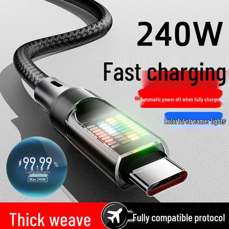 240W Seven-Color Light Super Flash Charge Type-C Car Charger Cable for Apple, Huawei, VIVO, OPPO, Xiaomi