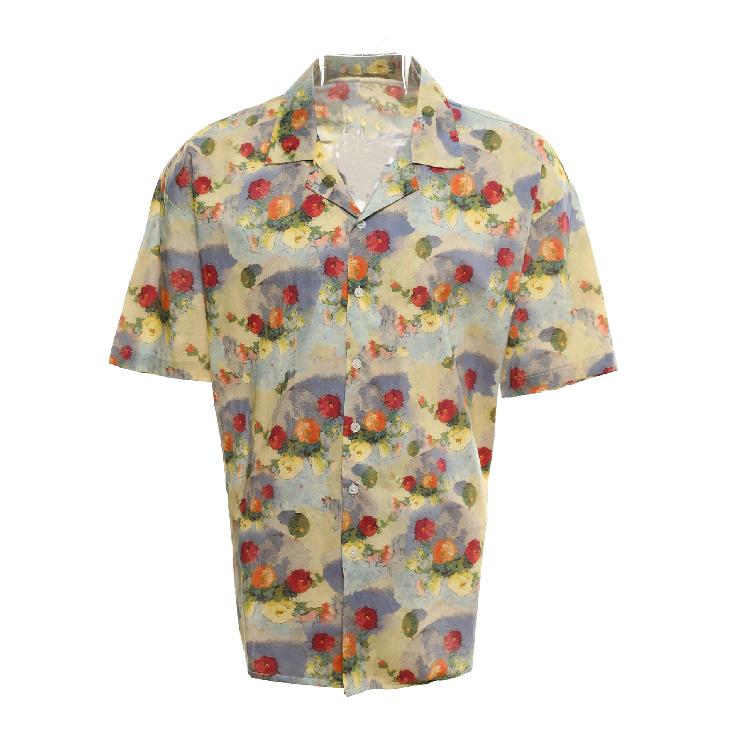Summer Hong Kong Style Bandage Dress Shirt American Retro Oil Painting Flower Shirt Women's Short Sleeve Loose Casual Outdoor Shirt Fashion