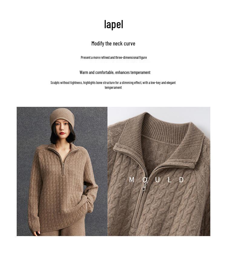2026 Autumn Cashmere Loose Half-Zip Cable Knit Lapel Sweater for Women