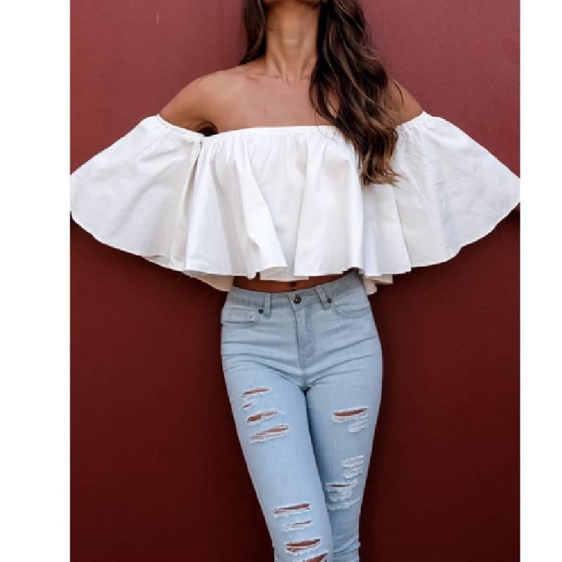 Stylish Summer Off Shoulder Ruffle Hem Loose Fit Top Women Urban Fashion Tee