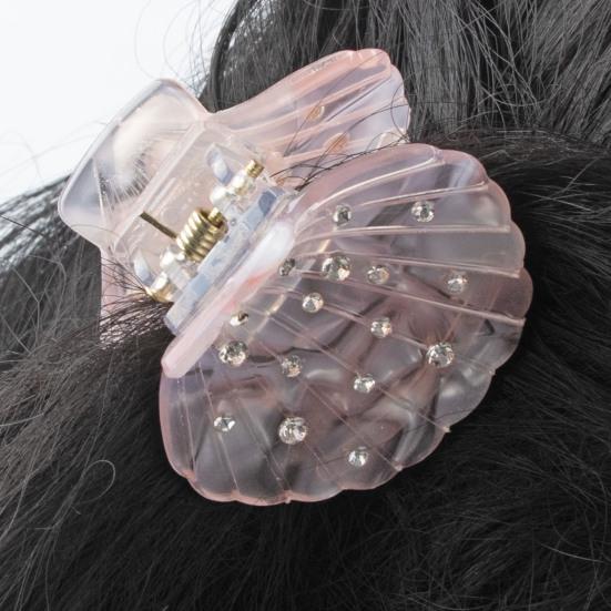 Hair Claw Shell Shape Rhinestones Inlaid Hair Clip Anti-slip Teeth Strong Grip Acrylic Small Hair Clip Styling Hair Accessory